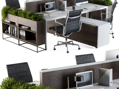 Modern Cubicle Office Desk With Green Plants Computer Monitors And Black Chairs 3d model