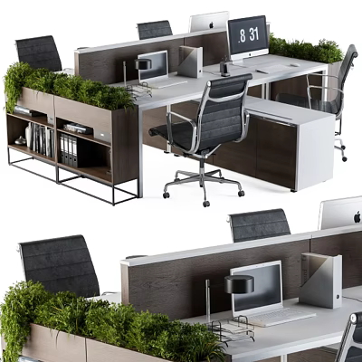Modern Cubicle Office Desk With Green Plants Computer Monitors And Black Chairs 3d model