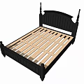 Black Double Bed in Green Patterned Wallpaper Background with Striped Bedspread Nightstands Lamp Mirror