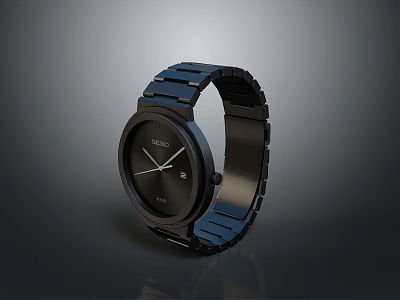 Sleek Black Watch With Blue Metal Strap Round Dial And Date 3d model