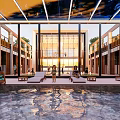 Modern Sales Office Building With Wooden Striped Ceiling And Glass Curtain Walls