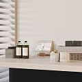 Storage Baskets on Countertop with Green Bottles Jars Boxes White Wall and Blinds