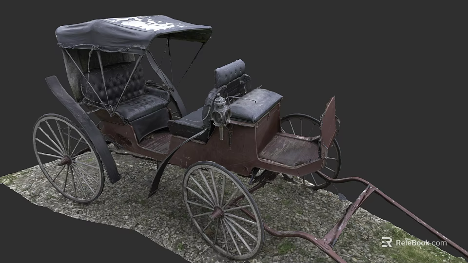 Vintage Horse Drawn Carriage With Black Canopy Leather Seats And Spoked Wheels On Gravel Ground 3d model 