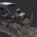 Vintage Horse Drawn Carriage With Black Canopy Leather Seats And Spoked Wheels On Gravel Ground