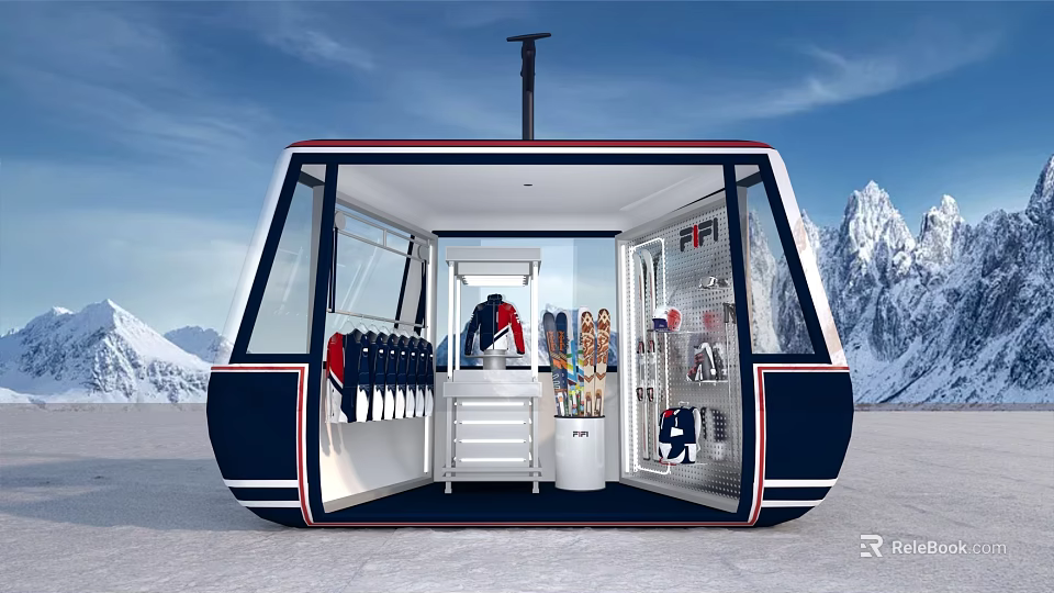 Ski Gondola Interior With Hanging Ski Suits Helmets And Snowy Mountain View 3d model 