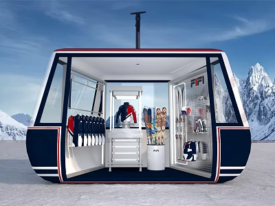 Ski Gondola Interior With Hanging Ski Suits Helmets And Snowy Mountain View 3d model
