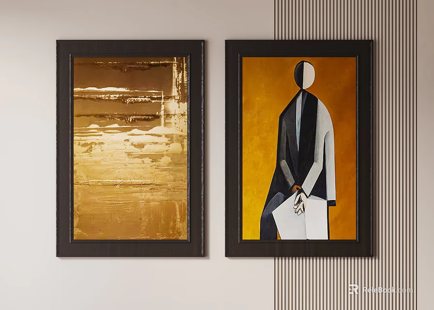 Abstract Paintings On Wall Framed Golden Textured Geometric Orange Background Dark Attire Holding White Paper 3d model 