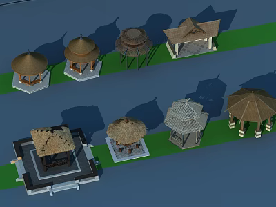 Various Traditional Pavilions 3D Models With Different Roof Designs And Bases 3d model