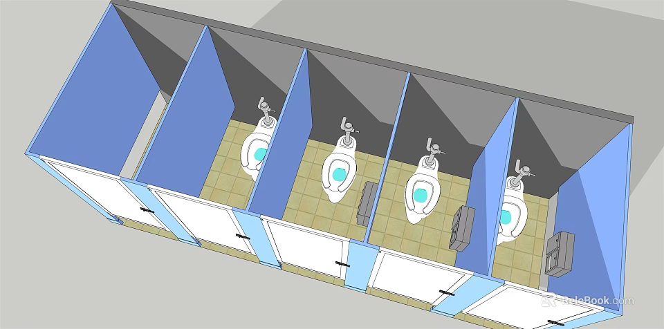 Public Restroom Interior Layout With Multiple Stalls Blue Doors And Toilets 3d model 