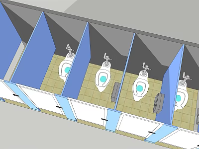 Public Restroom Interior Layout With Multiple Stalls Blue Doors And Toilets 3d model