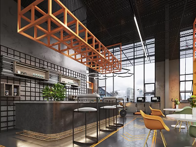 Industrial Style Bar Interior With Orange Frame Bar Counter And Stools 3d model