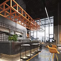 Industrial Style Bar Interior With Orange Frame Bar Counter And Stools 3d model