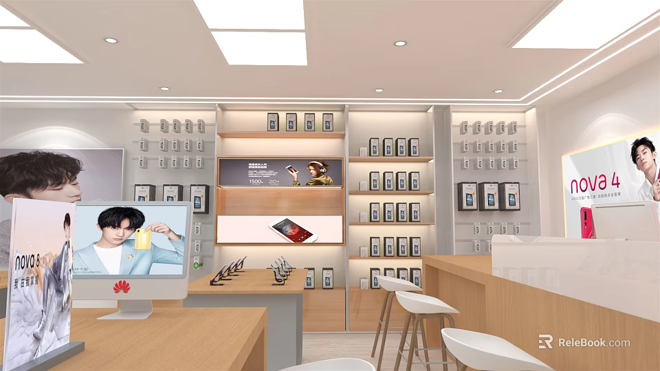 Modern Bright Digital Store Interior With Shelves Mobile Phones Headphones Computer Monitor And Counter 3d model 