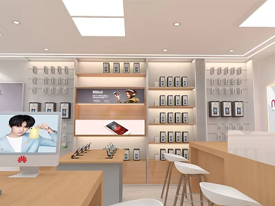 Modern Bright Digital Store Interior With Shelves Mobile Phones Headphones Computer Monitor And Counter 3d model