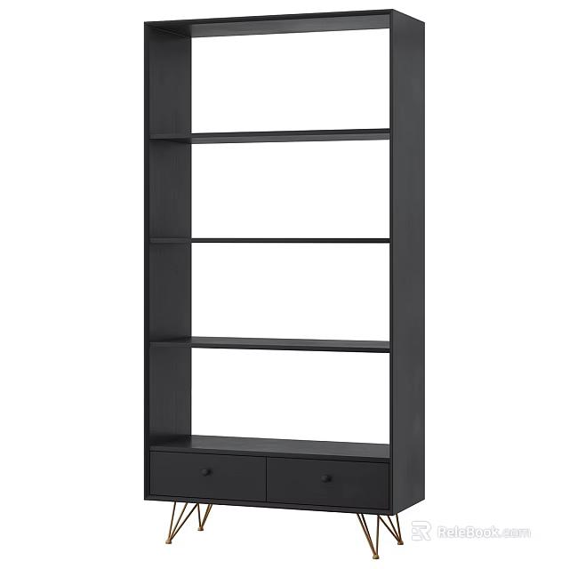 Black Modern Bookcase Design With Open Shelves And Bottom Storage Drawers 3d model 