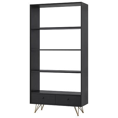 Black Modern Bookcase Design With Open Shelves And Bottom Storage Drawers 3d model
