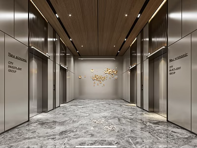 Modern Elevator Lobby With Marble Floor Art Decor And Wooden Ceiling 3d model