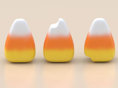 Three Colorful Candy Corn Pieces With White Orange Yellow Gradient And One Chipped Tip 3d model