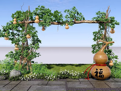 Rural Landscape with Gourd Trellis Vines Fu Character Gourd Green Plants Grass and Stone Path 3d model