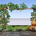 Rural Landscape with Gourd Trellis Vines Fu Character Gourd Green Plants Grass and Stone Path
