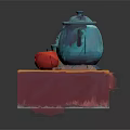 Green Ceramic Teapot and Cup with Red Apple on Wooden Table with Tablecloth