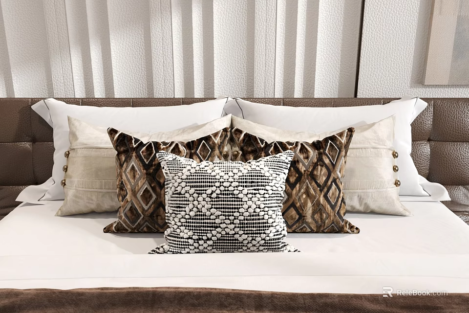 Stylish Geometric Pattern Pillows In Brown And White For Bedroom Bed Decor 3d model 