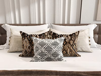Stylish Geometric Pattern Pillows In Brown And White For Bedroom Bed Decor 3d model