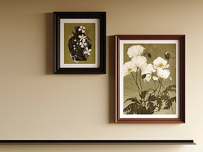 Two Oil Paintings With White Flowers Vase And Poppies On Beige Wall 3d model