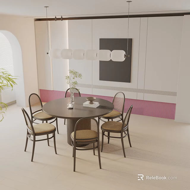 Round Dining Table Set With Wicker Back Chairs Hanging Pendant Lights And Wall Art 3d model