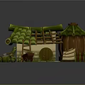 Cartoon Scene of Bamboo House with Leaning Ladder Green Roof and Vegetable Garden Tools