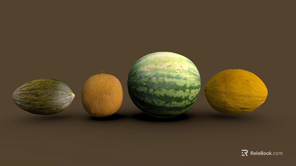 Assorted Fresh Melons With Green Striped Watermelon Orange Yellow and Green Varieties Arranged in Row 3d model 