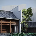 Traditional Ancient Architecture with Gray Tile Roof Wooden Beam White Wall and Green Pine Tree