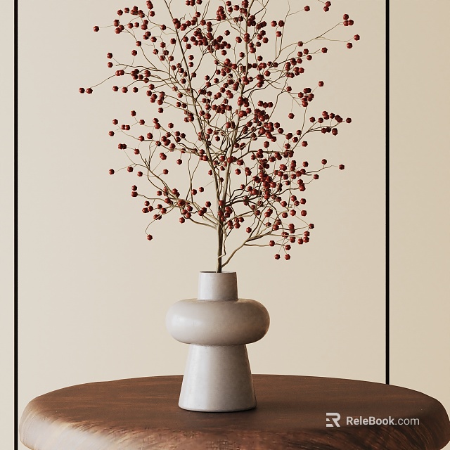 Elegant Potted Plant with Red Berries in White Vase on Brown Table Light Background 3d model 