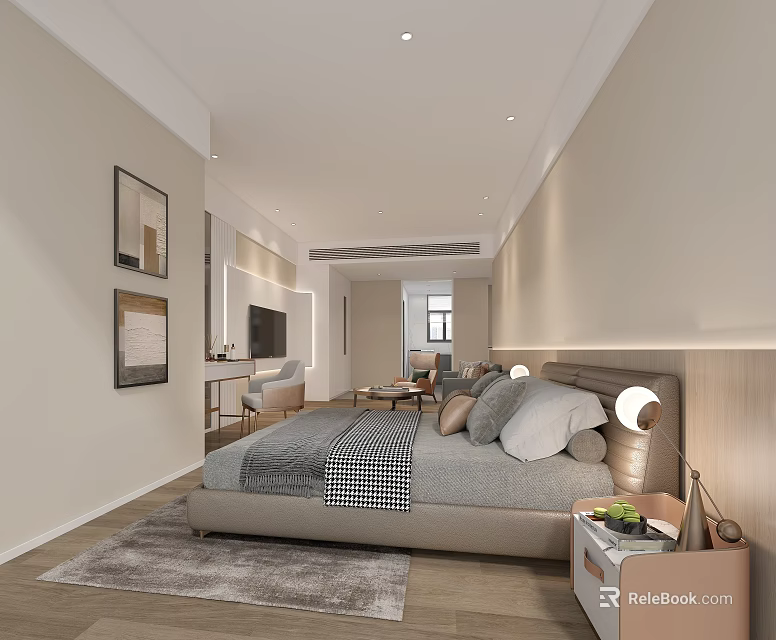 Modern Hotel Guest Room Interior With Comfortable Bed Bedside Lamp Area Rug And TV 3d model 