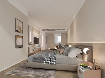 Modern Hotel Guest Room Interior With Comfortable Bed Bedside Lamp Area Rug And TV 3d model