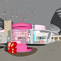 Modern Shopping Mall Lobby With Red Circular Installation Wooden Decor Hanging Lights And Marble Floor