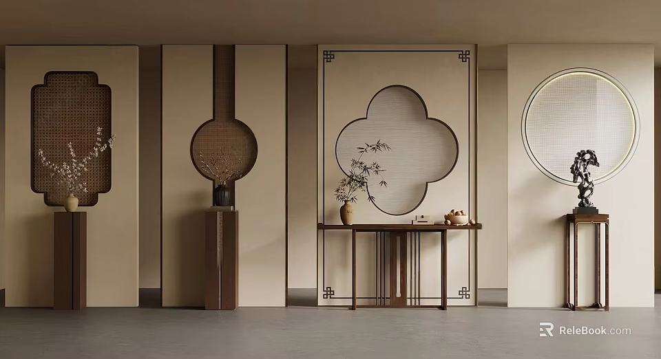 Oriental Style Room Dividers With Lattice Patterns Wooden Frames And Decorative Vases 3d model 