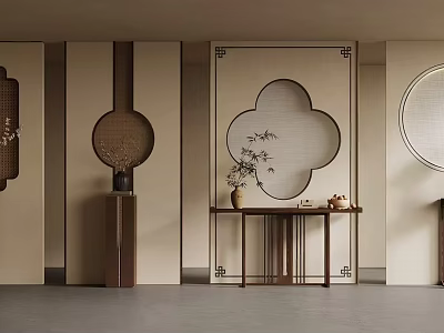 Oriental Style Room Dividers With Lattice Patterns Wooden Frames And Decorative Vases 3d model