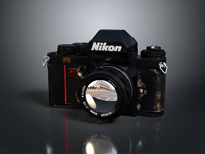 Nikon Vintage Camera With Black Body Red Stripe And Classic Lens 3d model