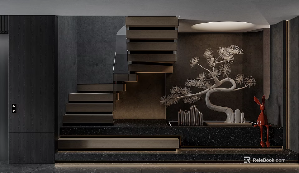 Modern Dark Interior With Floating Staircase Decorative Pine Tree And Deer Ornament 3d model