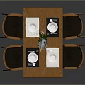 Wooden Dining Table Set With Four Chairs Tableware Placemats And Flower Vase
