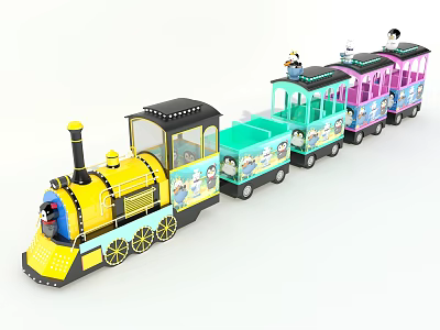 Colorful Kids Amusement Park Train With Yellow Engine Green Purple Carriages And Cartoon Character Designs 3d model