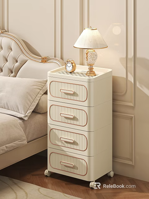 Elegant White Bedside Table With Drawers Lamp And Alarm Clock Next To Bed 3d model 