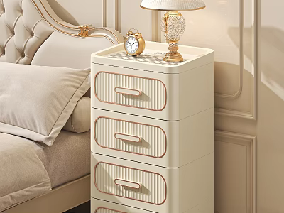 Elegant White Bedside Table With Drawers Lamp And Alarm Clock Next To Bed 3d model
