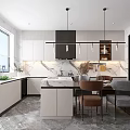 Modern Kitchen Interior With Gray White Cabinets Marble Island And Pendant Lights