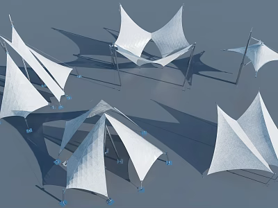 Tensile Membrane Architectural Design With Multiple White Canopies And Support Structures 3d model