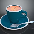Blue Ceramic Coffee Cup With Milk Foam White Rim On Saucer And Silver Spoon