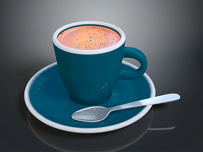 Blue Ceramic Coffee Cup With Milk Foam White Rim On Saucer And Silver Spoon 3d model