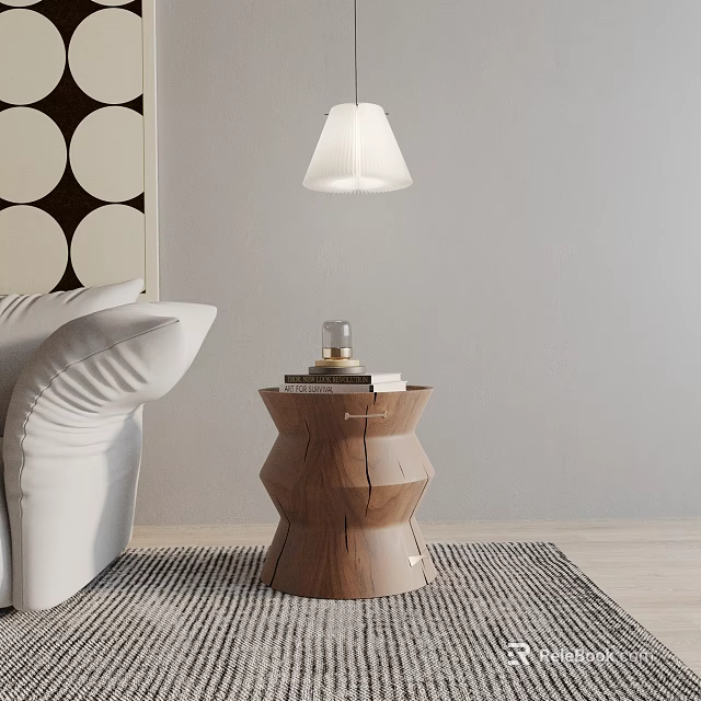 Layered Wooden Side Table with Books and Decor Item Near White Sofa and Pendant Lamp 3d model 