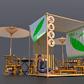 Bamboo Tea Table And Chairs In Guerrilla Tea Room With Green Leaf Decor And Umbrella
